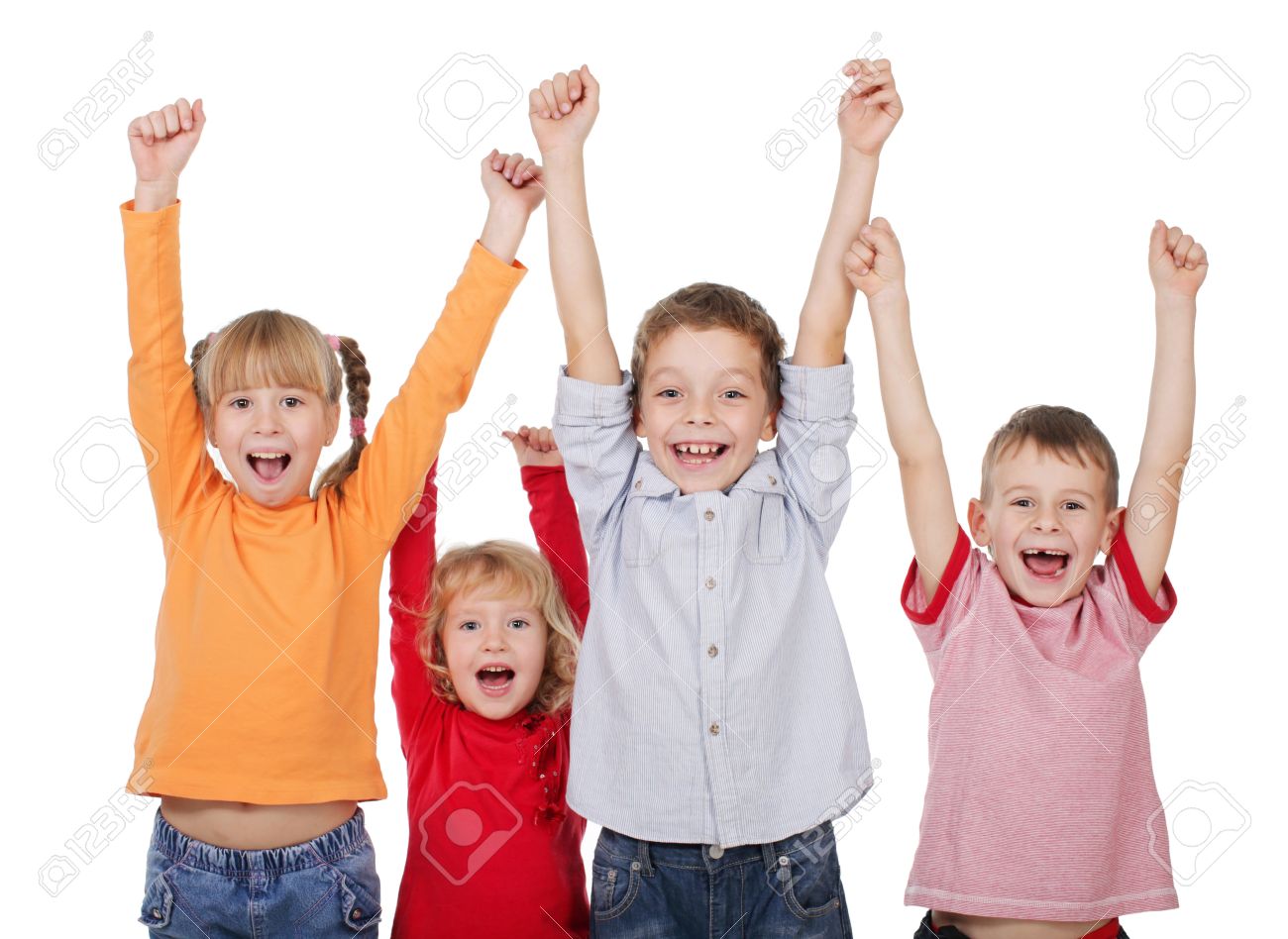11204205-Happy-kids-with-their-hands-up-isolated-on-white-Stock-Photo-children